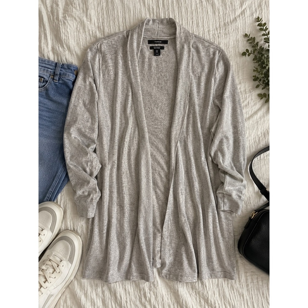 Tahari Light Gray 100% Superfine Merino Wool Open Front Cardigan Sweater Small